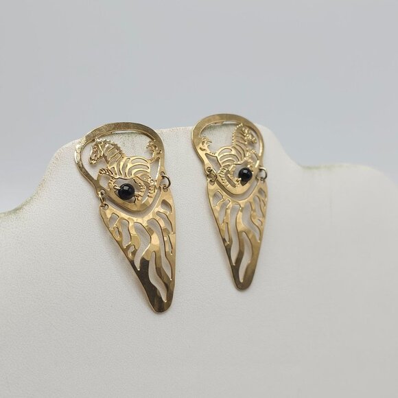 Gold Tone Wild Bryde Dangle Post Earrings With Black Onyx Accents Zebra Design - Picture 2 of 5